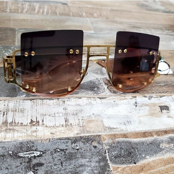 Womens Oversized Large Hexagonal Gold-Toned Brown Tinted Sunglasses